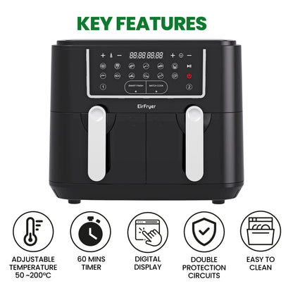 EirFryer 9L Dual Basket Air Fryer With Free Accessories